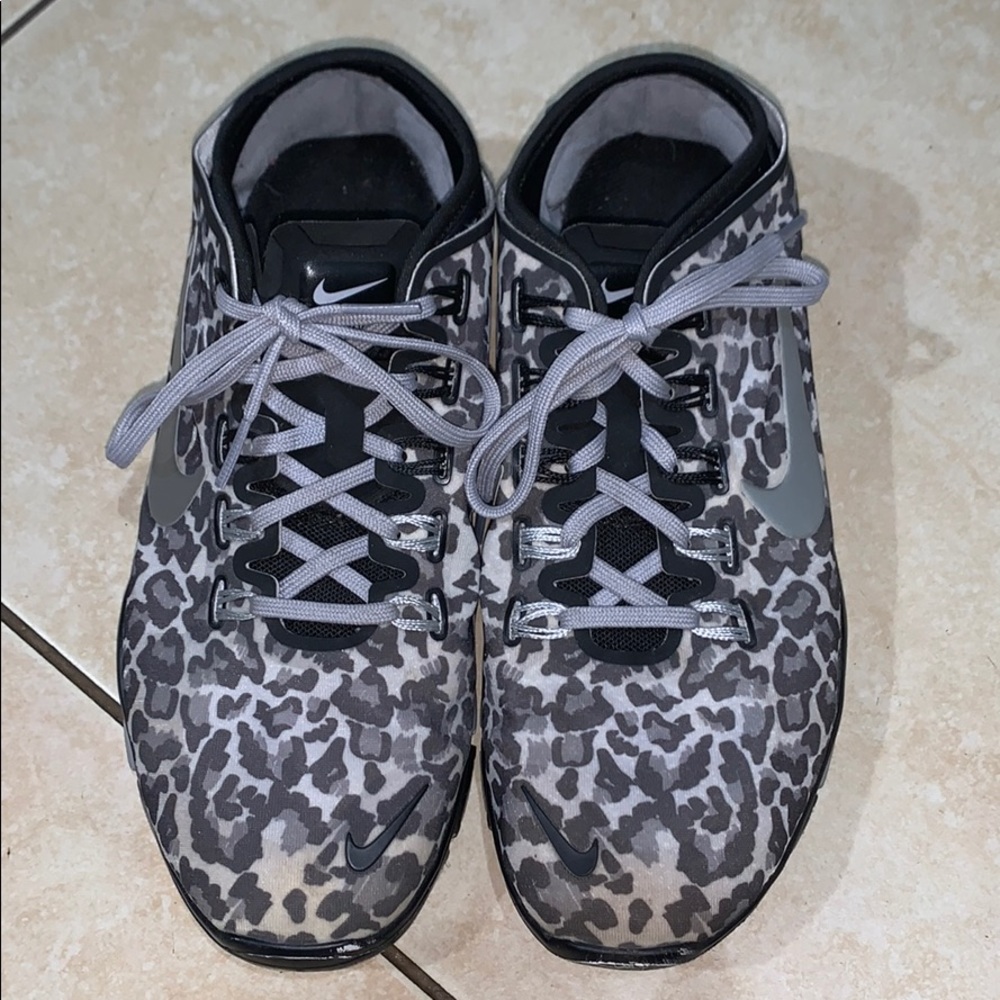 Nike free grey cheetah running sneakers.